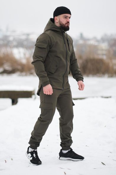 Зимовий костюм на флісі з капюшоном чоловічий хакі куртка штани SoftShell осінь-зима водонепроникний, Хаки, 3XL