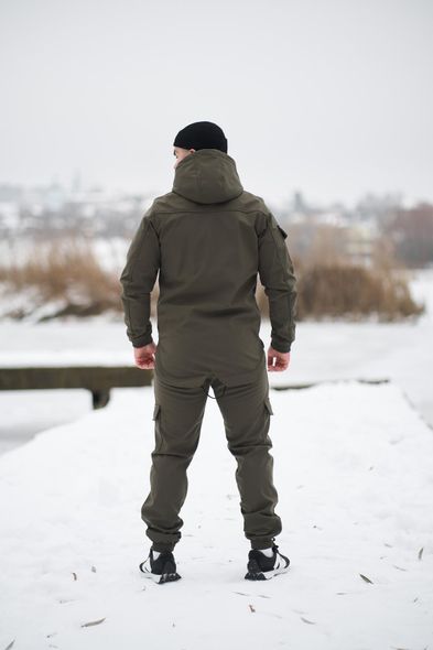 Зимний костюм на флисе с капюшоном мужской хаки куртка штаны SoftShell осень-зима водонепроницаемый, Хаки, S