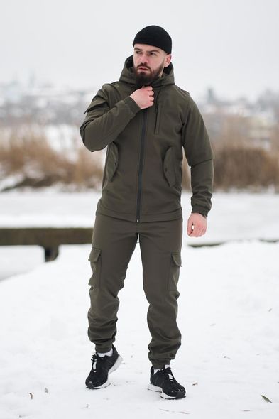 Зимовий костюм на флісі з капюшоном чоловічий хакі куртка штани SoftShell осінь-зима водонепроникний, Хаки, 3XL
