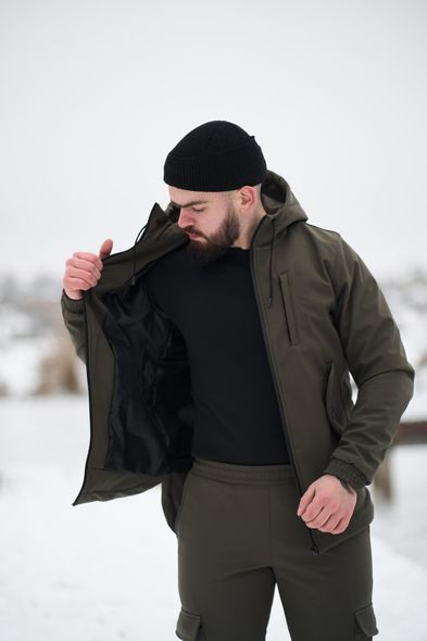 Зимний костюм на флисе с капюшоном мужской хаки куртка штаны SoftShell осень-зима водонепроницаемый, Хаки, S