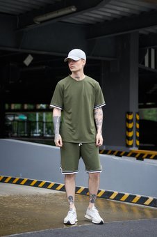 Комплект мужской футболка и шорты хаки с кантом хлопок, Хаки, XL