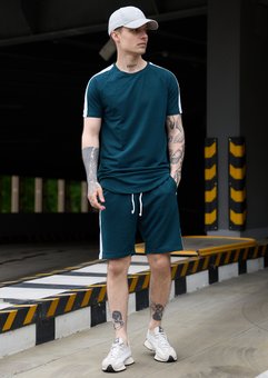 Мужской летний комплект темно-зеленый Ломпас футболка + шорты с лампасом хлопок, Темно-зеленый, XL