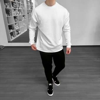 Комплект мужской белая кофта оверсайз в рубчик черные штаны зауженные, Белый, XL