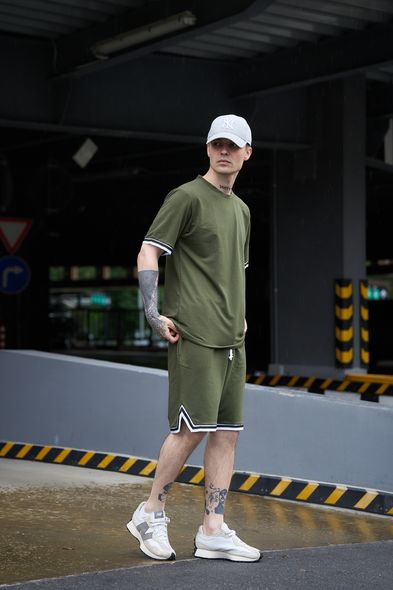 Комплект чоловічий футболка та шорти хакі з кантом бавовна, Хаки, XL
