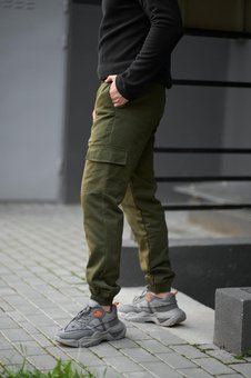 Штаны мужские карго на флисе хаки утепленные на манжетах с накладными карманами, Хаки, 3XL