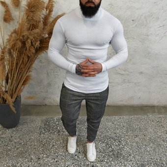 Мужской комплект теплый серые штаны в клетку и белый гольф стильный зимний костюм Турция, Белый, XL
