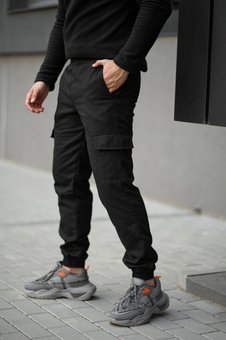 Штаны мужские карго на флисе черные утепленные на манжетах с накладными карманами, Черный, 3XL