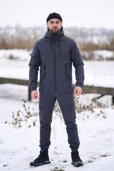 Зимний костюм на флисе с капюшоном мужской серый куртка штаны SoftShell осень-зима водонепроницаемый, Серый, 3XL