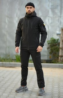 Костюм зимний мужской на флисе с капюшоном черный куртка штаны микрофлис SoftShell Reef водонепроницаемый, Черный, 3XL
