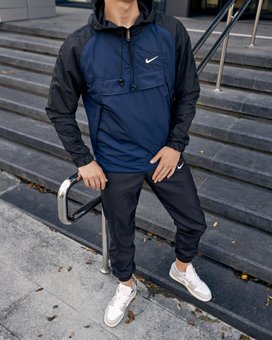 Вітровка чоловіча Анорак спортивна куртка чорна з синім плащівка з капюшоном House, Синий, XL