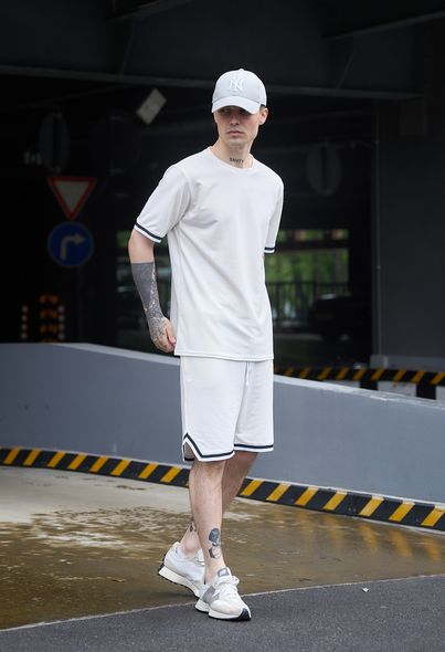 Комплект чоловічий футболка та шорти білий молочний з кантом бавовна, Білий, XL