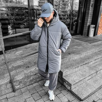 Зимняя куртка Парка мужская пуховик удлиненный серый теплый с капюшоном синтепух, Серый, XL