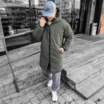 Зимняя куртка Парка мужская пуховик удлиненный хаки теплый с капюшоном синтепух, Хаки, XL